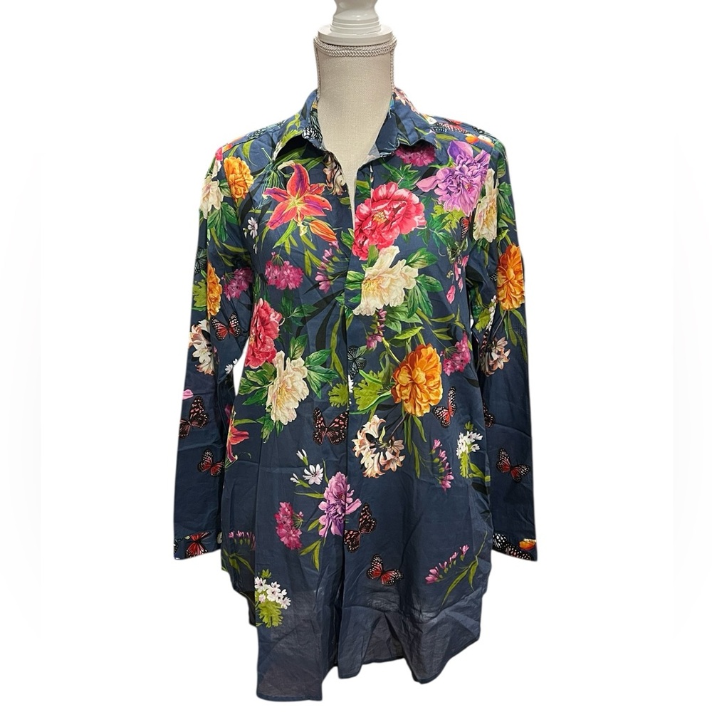 JOHNNY WAS Panya Henley Popover Top Size Small Floral Butterfly Cotton